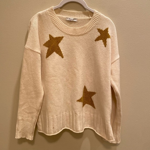Madewell Cream Merino Wool Boxy L/S Gold Star Sweater Size SMALL *Small Flaw - Picture 1 of 10